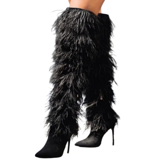 Bella Niecelle Black Ostrich Feather Tall Boots Size 36 EU 6 US - Picture 5 of 5